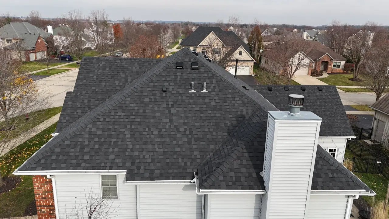 Overhead view of a finished architectural asphalt-shingle roof, Chicagoland south suburbs