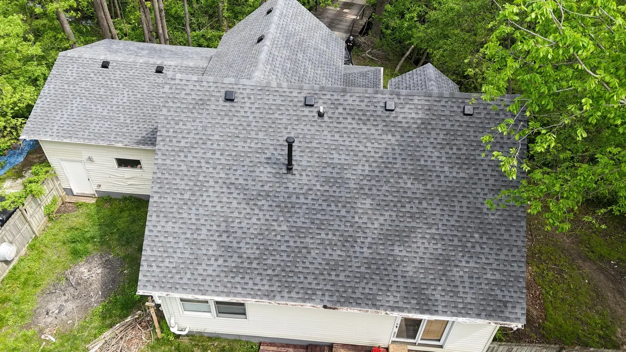 Aerial of a completed architectural asphalt-shingle roof, Chicagoland